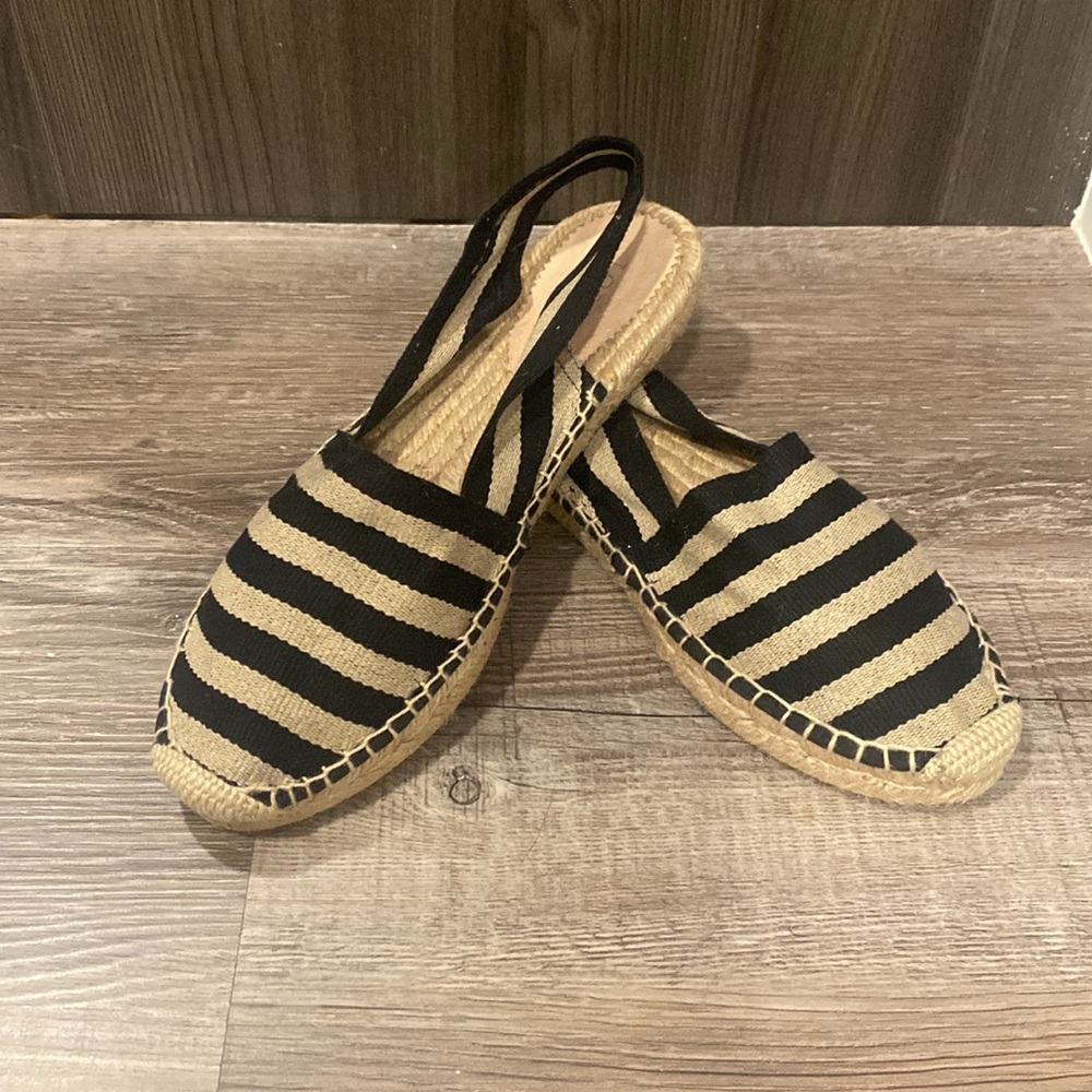 J. Crew Black and Tan Espadrille Slingbacks